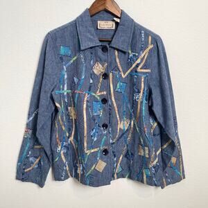 Life Style Denim Art Jacket Abstract Patchwork 100% Cotton Button Front Size XL
